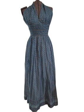 60's-70's Hand Woven & Block Printed in India Turquoise Cotton Halter Neck Dress
